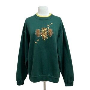 Pleasant Shade Vintage Green Embellished Fall Leaves Crewneck Sweater Size Large